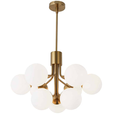Dainolite Amanda 9 Light Chandelier Aged Brass White Opal Glass Lamp|Lustre Amanda de Dainolite en verre blanc opale, avec fini laiton vieilli et 9 ampoules