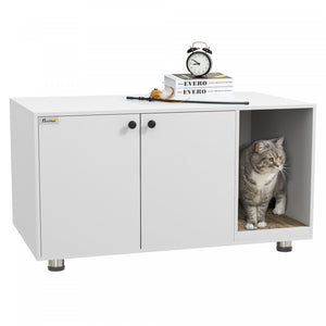 Pawhut Cat Litter Box Enclosure, Industrial Hidden Cat Washroom Furniture, End Table With Double Doors And Scratching Pad For Living Room, Bedroom, Hallway, White