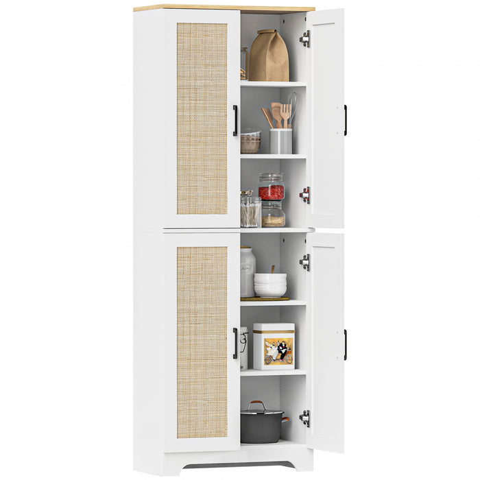HOMCOM Kitchen Pantry with 4 Rattan Doors and Adjustable Shelves, White