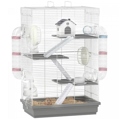PawHut Hamster Cage, 4-Level Small Animal House with Excerise Wheel, Food Bowl, Water Bottle, House, Tunnels, Ramps, Gerbil Cage for Dwarf Hamster, 18.5" x 12" x 28", Grey