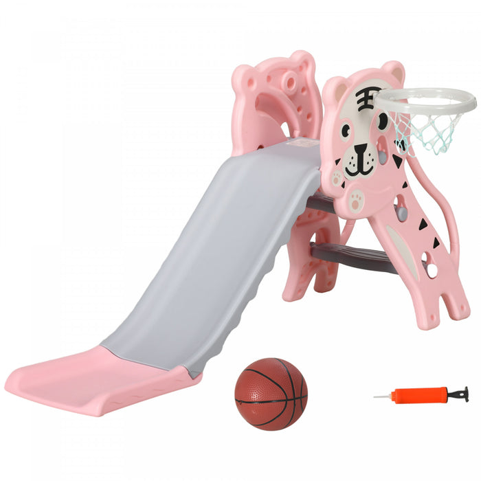 Qaba 2 In 1 Toddler Slide For Indoor, Easy Set Up Kids Slide Playset With Basketball Hoop For 18-36 Months, Tiger-designed Indoor Slide, Pink