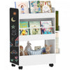 Qaba Kids Bookshelf with Wheels, Double-Sided Book Rack Display with Blackboard, Kids Bookcase Toy Storage Organizer for Nursery, Playroom, Classroom, for 3-8 Years, White