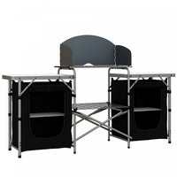 Outsunny Camping Kitchen, Folding Camping Table Storage Unit with Windshield, Cupboards and Carrying Bag, Aluminum Frame, for BBQ Camp Party Picnic