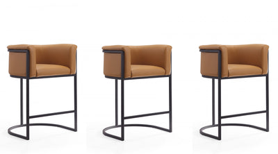 Cosmopolitan Mid-Century Modern Metal Upholstered Counter Stool in Camel - Set of 3 Bar Stool | Tabouret de comptoir moderne du milieu du siecle en metal et tissu, coloris camel - Lot de 3