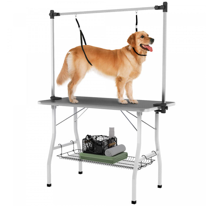 Pawhut 42in Foldable Dog Grooming Table, Pet Grooming Table With Adjustable Grooming Arms, Storage Shelf, Two Nooses, 42\" X 24\" X 61\", Black