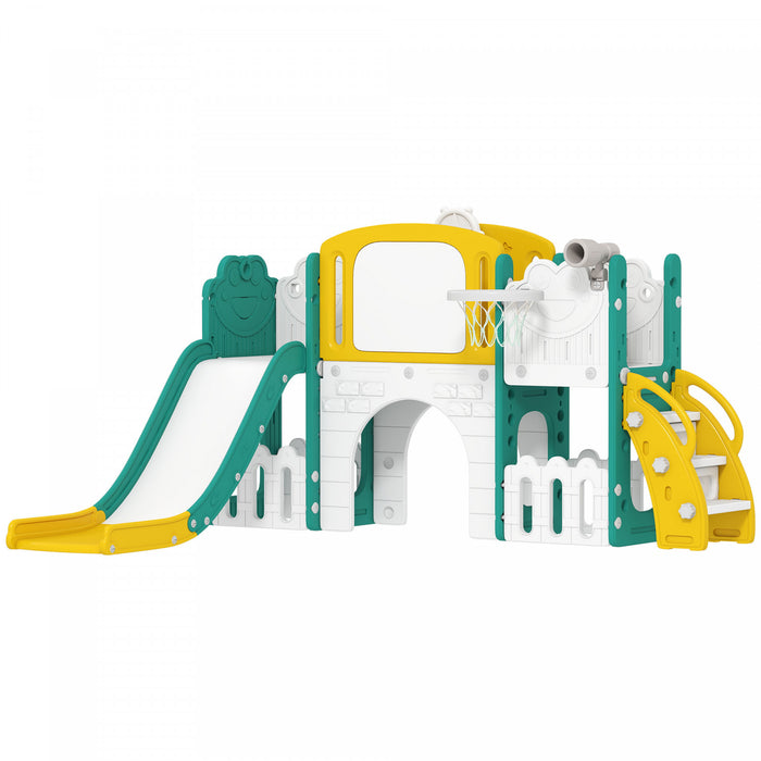 Qaba Toddler Slide, 7 in 1 Kids Slide with Climber, Basketball Hoop, Telescope, Drawing Board, Storage Box, Indoor Outdoor Playground, Gifts for Boys Girls Ages 1-3, Yellow