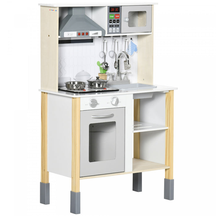 Qaba Wooden Play Kitchen With Realistic Lights Sounds, Adjustable Height Kids Kitchen Playset With Microwave, Fun With Friends, Range Hood, Cooking Accessories,gift For 3-6 Years Old, White