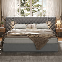 Malcolm Luxury Plush Velvet Upholstered Bed with Diamond Tufted Headboard and Reading Lights,King Size,Grey King Bed  