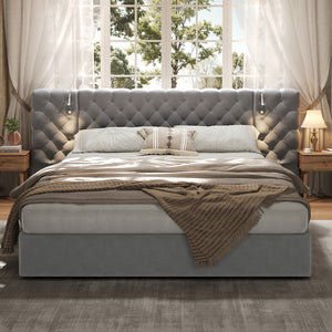 Malcolm Luxury Plush Velvet Upholstered Bed with Diamond Tufted Headboard and Reading Lights,King Size,Grey King Bed