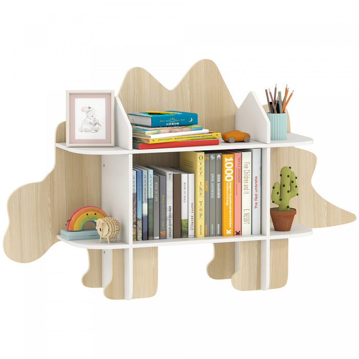Qaba Kids Bookshelf and Toy Storage, 2 Tier Toddler Bookshelf, Kids Bookcase for Nursery, Dinosaur Design Toy Organizer for Playroom, Bedroom, Living Room, Kids Room, Natural