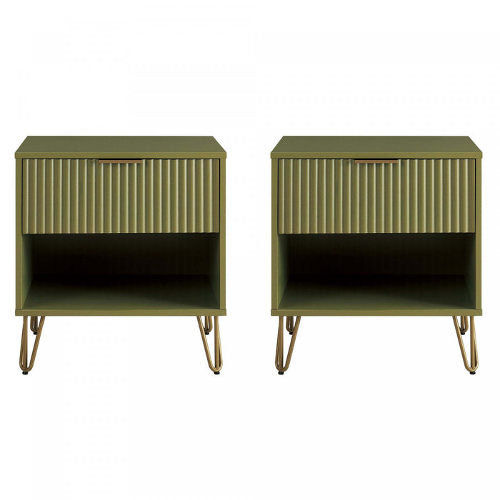 Dumbo Modern 20\" Fluted Nightstand in Olive Green (1-Drawer) - Set of 2