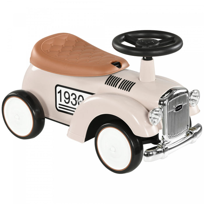 Aosom Kids Ride On Sliding Car With Under Seat Storage, Foot To Floor Slider With Steering Wheel And Horn, Ride On Vintage Car For Toddlers, Aged 18-36 Months, Cream White