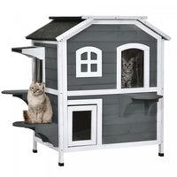Pawhut Wood Outdoor Cat House 2-stories Catio For Cats With Indoor Lounge Space, Fun Entrances, Grey