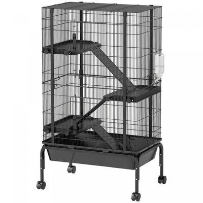 PawHut 47"H Ferret Cage, Large 4-Tier Guinea Pig Cage with Wheels, Ramps, Bowl, Water Bottle & Removable Tray, Metal Small Animal Habitat for Rabbits, Chinchillas, Black