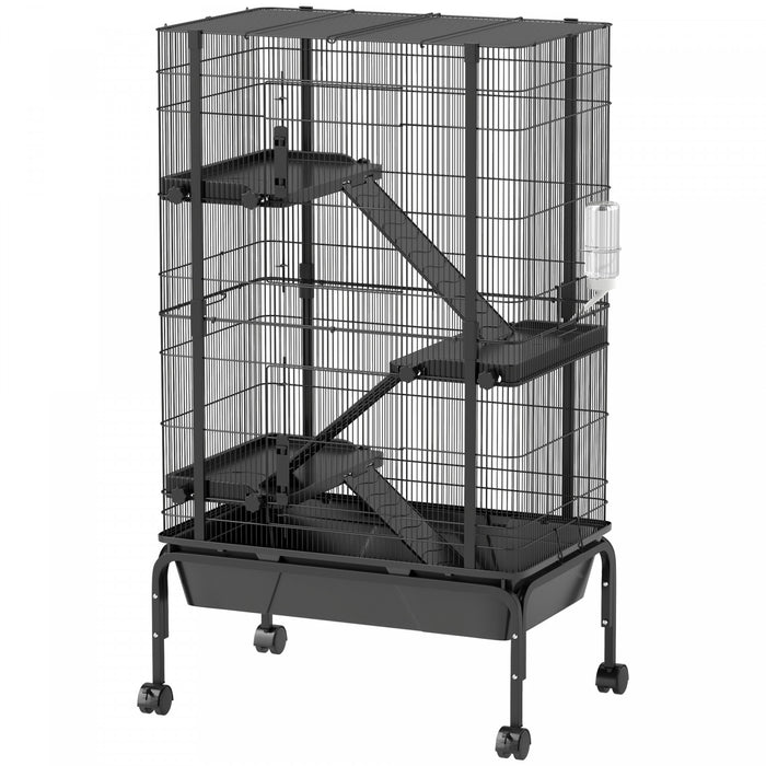 PawHut 47\"H Ferret Cage, Large 4-Tier Guinea Pig Cage with Wheels, Ramps, Bowl, Water Bottle & Removable Tray, Metal Small Animal Habitat for Rabbits, Chinchillas, Black