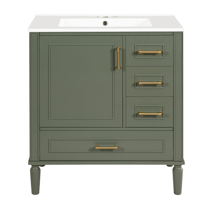 Emerson 30 Inch Bathroom Vanity with Ceramic Sink and Three Drawers, Olive Green
