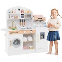 Honeyjoy Kids Kitchen Set Wooden Kitchen Playset With Clock, Microwave, Sink, Dish Rack White