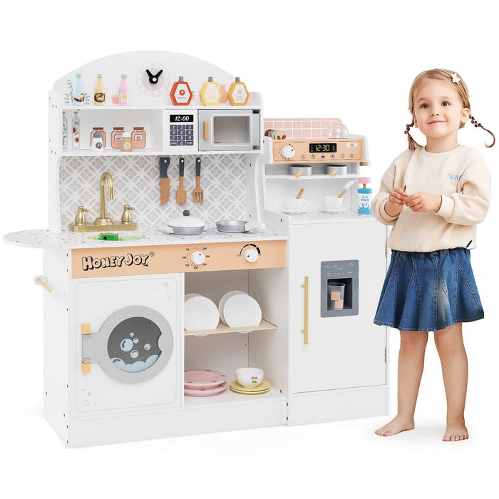Honeyjoy Kids Kitchen Set Wooden Kitchen Playset With Clock, Microwave, Sink, Dish Rack White