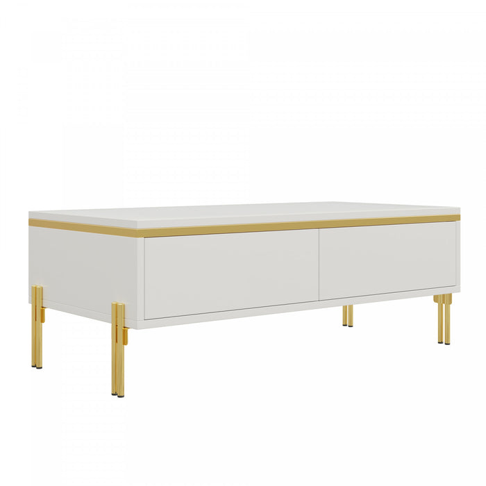 Lustra 39.4 Inch Modern High-Gloss Coffee Table with Dual Drawers and Gold Accents, White