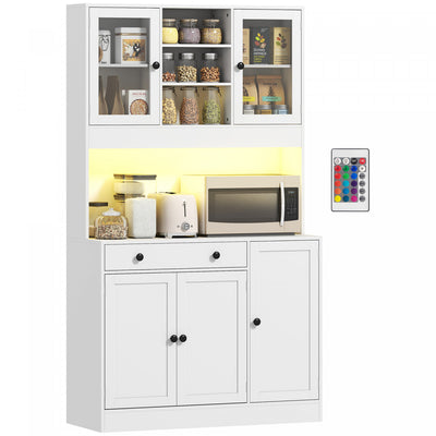 HOMCOM Kitchen Pantry Cabinet with LED Light, Storage Hutch, White