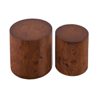 Kinley Set of 2 Modern Round Nesting Coffee Tables, Burl Veneer Cylinder Side Table Set, Brown 
