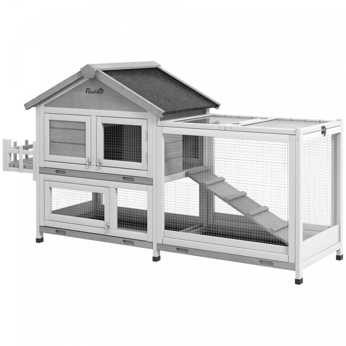 Pawhut 65\" Wooden Rabbit Hutch, Pet Playpen With Openable Roof, Bunny House Enclosure With Storage Box, Ramp, Slide-out Tray, For Rabbits And Small Animals - Grey