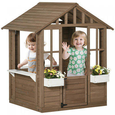 Outsunny Kids Outdoor Playhouse, Wooden Garden Games Cottage with Working Door, Windows, Flowers Pot Holder and Boxes for Ages 3-8, Brown