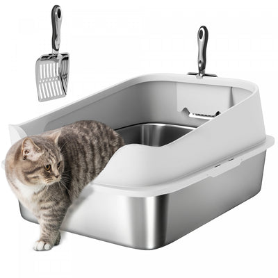 PawHut Cat Litter Box Stainless Steel, High Sided with Metal Litter Scoop, Never Absorbs Odors, Anti Leakage & Easy to Clean, 24" x 16" x 12", Grey