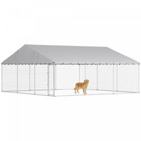 PawHut Large Dog Kennel with Roof and Safety Lockable Latch, Heavy-Duty Galvanized Steel Dog Run Chain Link w/ Waterproof UV-Resistant Cover, 19.7' x 19.7' x 8.9'