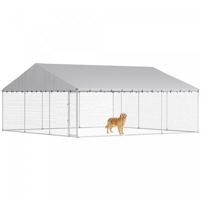 PawHut Large Dog Kennel with Roof and Safety Lockable Latch, Heavy-Duty Galvanized Steel Dog Run Chain Link w/ Waterproof UV-Resistant Cover, 19.7' x 19.7' x 8.9'