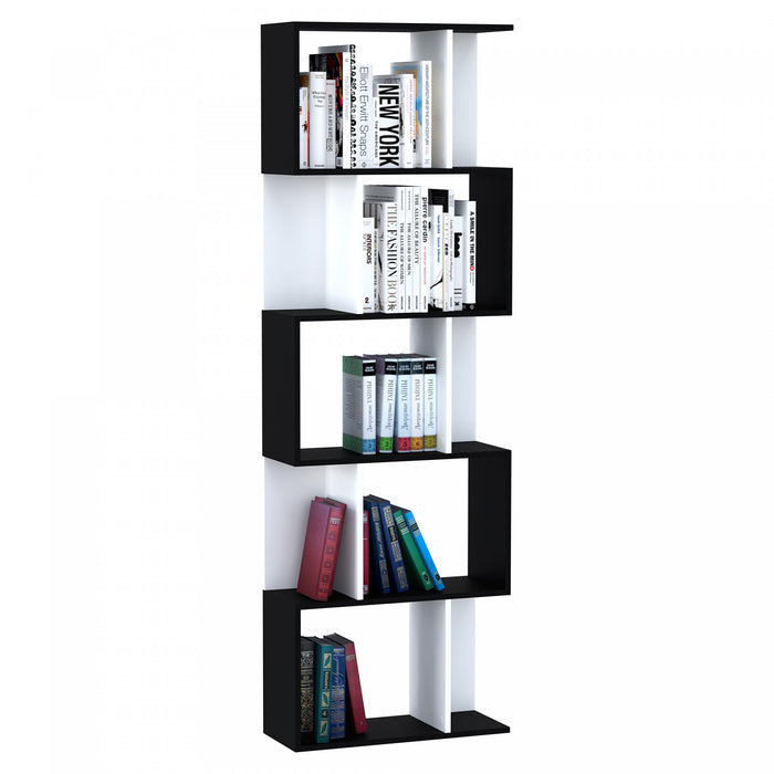 HOMCOM Geometric Bookcase, 5-Tier S Shaped Bookshelf, Black and White