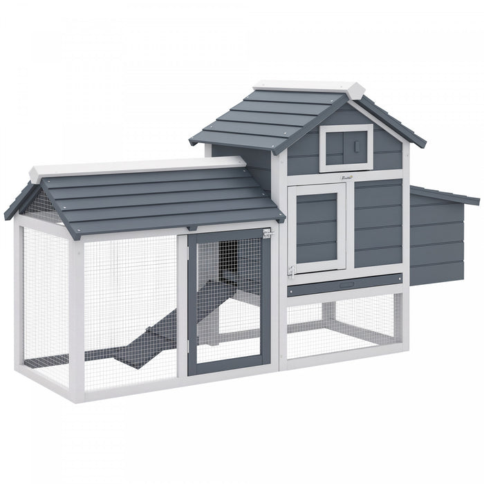 PawHut 60\" Large Chicken Coop Wooden Hen House Poultry Cage for Outdoor Backyard with 2 Doors, Nesting Box and Removable Tray, White