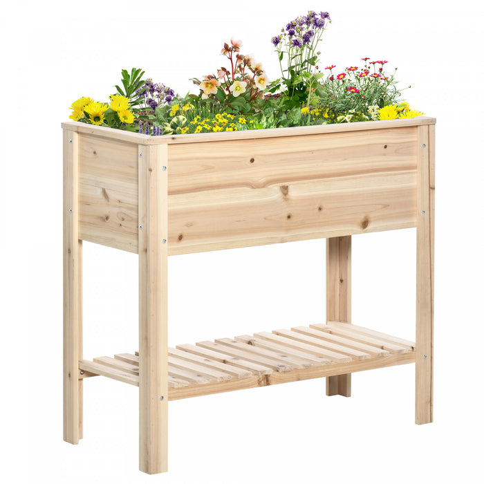 Outsunny Wooden Raised Garden Bed Standing Elevated Planter Box With Storage Shelf For Flowers, Vegetables, And Herbs, 36\" X 16\" X 32\", Natural