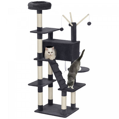 PawHut 59 Inch Cat Tree, Large Multi-Level Cat Tower with Sisal Scratching Posts, Cozy Condo, Top Perch, Ladder and Interactive Balls for Indoor Kittens, Dark Grey
