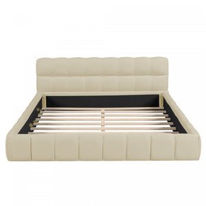 Jessica Upholstered Platform Bed with Comfortable Linen Fabric and Sturdy Frame,Queen Size,Beige Queen Bed