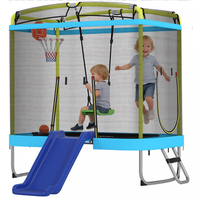Qaba 70" x 47" Trampoline for Kids, Indoor & Outdoor Toddler Trampoline with Slide, Swing, Basketball Hoop, Ladder and Safety Enclosure, Gift for Boys & Girls, Light Blue