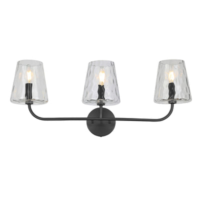 Dainolite Eleanor 3 Light Vanity Light Matte Black Clear Hammered Glass Lamp|Lumière de coiffeuse Eleanor de Dainolite en verre martelé transparent, avec fini noir mat et 3 ampoules