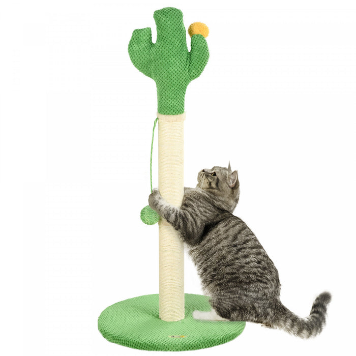 Pawhut 33\" Cactus Cat Scratching Post For Indoor Cats, Sisal Cat Scratcher With Hanging Ball, Green