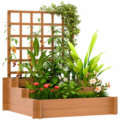 Outsunny 3 Tier Raised Garden Bed With Trellis For Climbing Plants Brown
