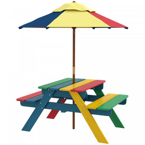 Outsunny Kids Picnic Table Bench Set With Removable Umbrella, Outdoor Wooden Kids Table And Chair Set For Backyard, Garden, 3-6 Years Boys And Girls, Multicolour