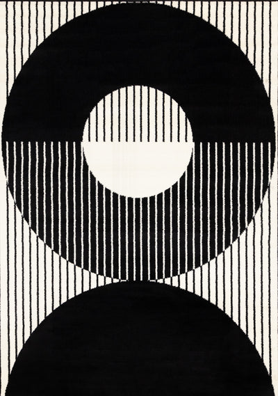 Florence Black White Stripes and Hollow Circle Modern Design, 7'6" x 9'6" Indoor Area Rug | Florence rayures noires et blanches et cercles creux, design moderne, 7'6" x 9'6"
