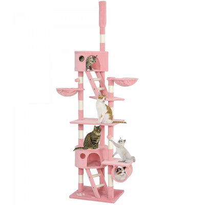 PawHut Cat Tower for Large Cats Adult, Floor to Ceiling Cat Tree Adjustable Height 94"-102" Multi-Level with Scratching Posts, Cozy Hammock, Pompoms, Pink