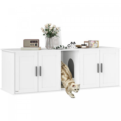 Pawhut Cat Litter Box Enclosure For 2 Cats, 145 Cm Hidden Litter Box Furniture With Double Room, Scratching Board, Indoor Cat House Washroom End Table, White