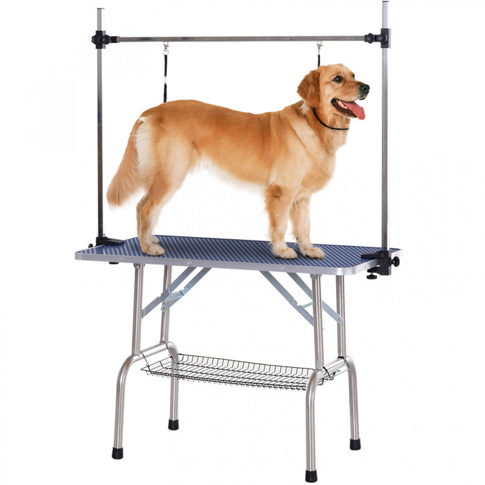 Pawhut Adjustable Dog Grooming Table Rubber Top 2 Safety Slings Mesh Storage Basket Heavy Metal Blue 42.25\"x 23.5\" X 67\"