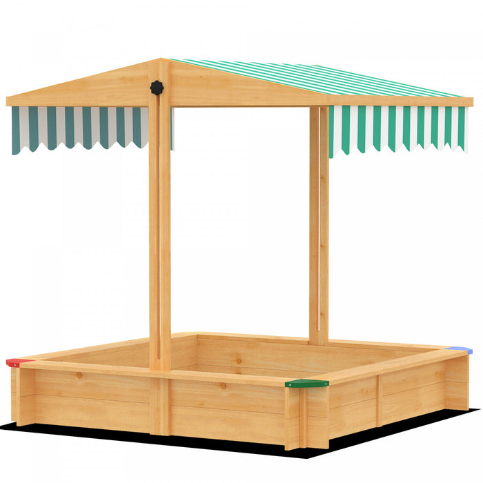 Outsunny Wooden Sandbox with Cover, Kids Sandbox Outdoor with Adjustable Canopy, Seats, and Bottom Liner for Backyard, Beach, 47\" x 47\" x 47\", Gift for Ages 3-6, Light Brown