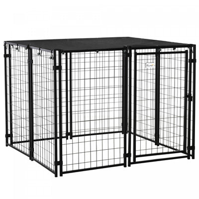 Pawhut Outdoor Dog Kennel, Welded Wire Steel Fence, Lockable Pet Playpen Crate, With Top Cover, Door|Pawhut Niche D'exterieur Pour Chien, Cloture En Fil D'acier Soude, Cage De Parc Verrouillable Pour A