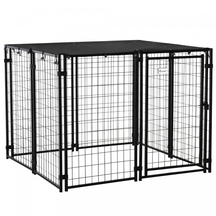 Pawhut Outdoor Dog Kennel, Welded Wire Steel Fence, Lockable Pet Playpen Crate, With Top Cover, Door, Black