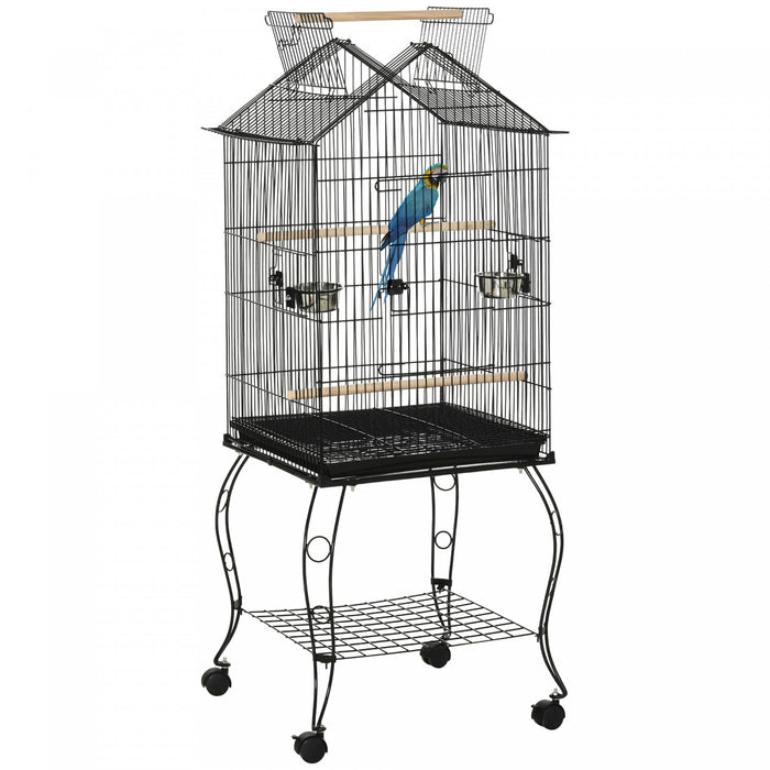 Pawhut Bird Cage 57 Inch Flight Cage For Cockatiel, Conure With Rolling Stand, Pull Out Tray, Storage Shelf, Open Top, 0.75\" Bar Spacing