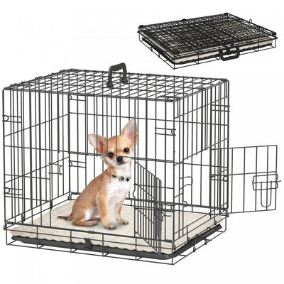 PawHut Dog Crate, 24" Folding Metal Dog Kennel with 2 Doors, Removable Tray, Soft Cushion, Handle, Pet Cage for Extra Small Dogs, Black