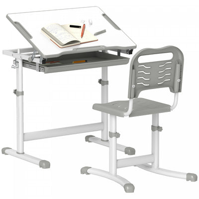 Qaba Kids Desk And Chair Set, Height Adjustable Study Table And Chair Set With Drawer, Pen Slot, Tiltable Desktop, Hook, Grey